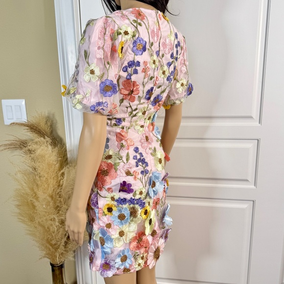 WOMEN'S 3D FLORAL BODYCON MINI DRESS WITH PUFF SLEEVES - Picture 8 of 13